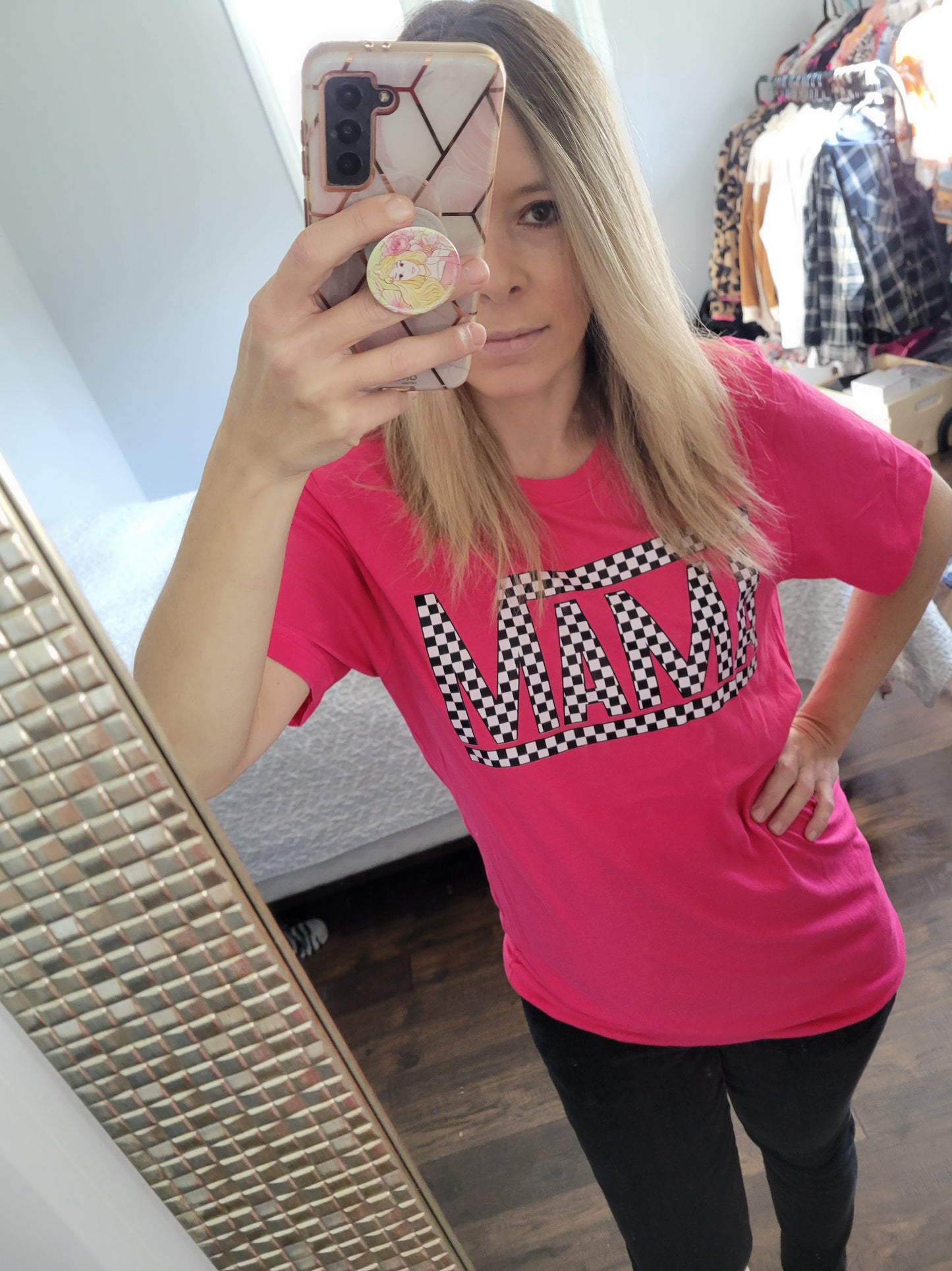 Hot Pink Checkered Mama Tee