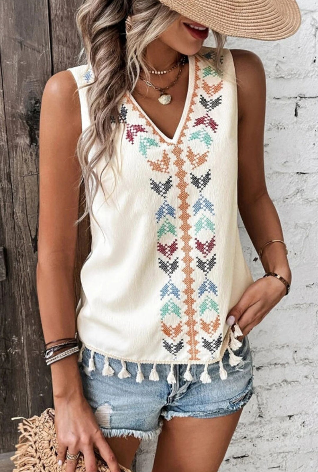 Embroidered Tassel Hem Top