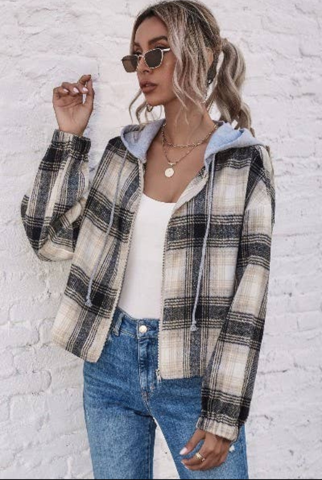 Plaid Zip Up Shacket with Hood