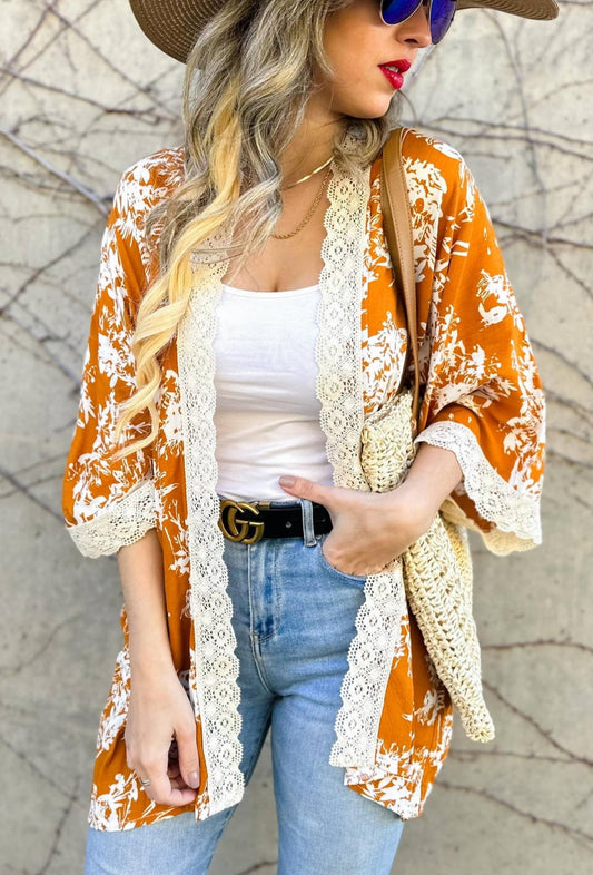 Copper Floral Kimono with Lace Trim