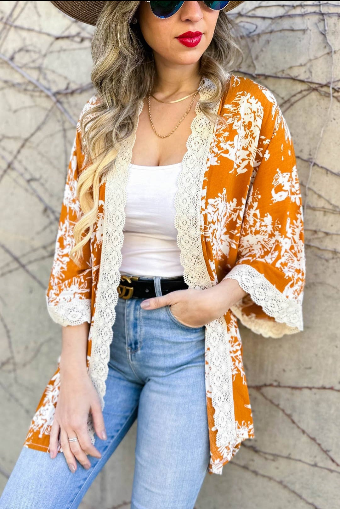 Copper Floral Kimono with Lace Trim