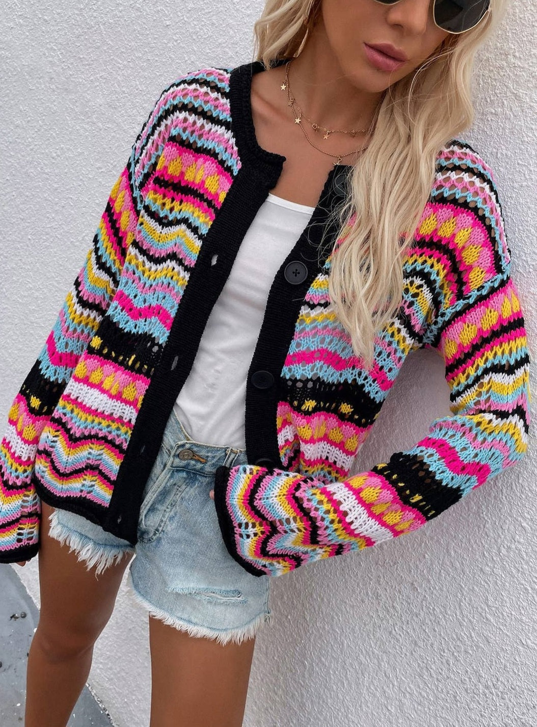 Knit Multi Color Button Up Cardigan