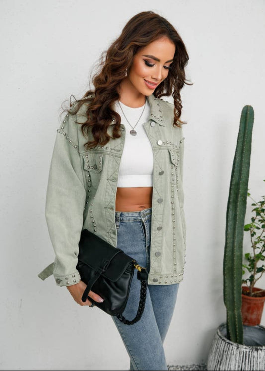 Light Green Denim Studded Jacket