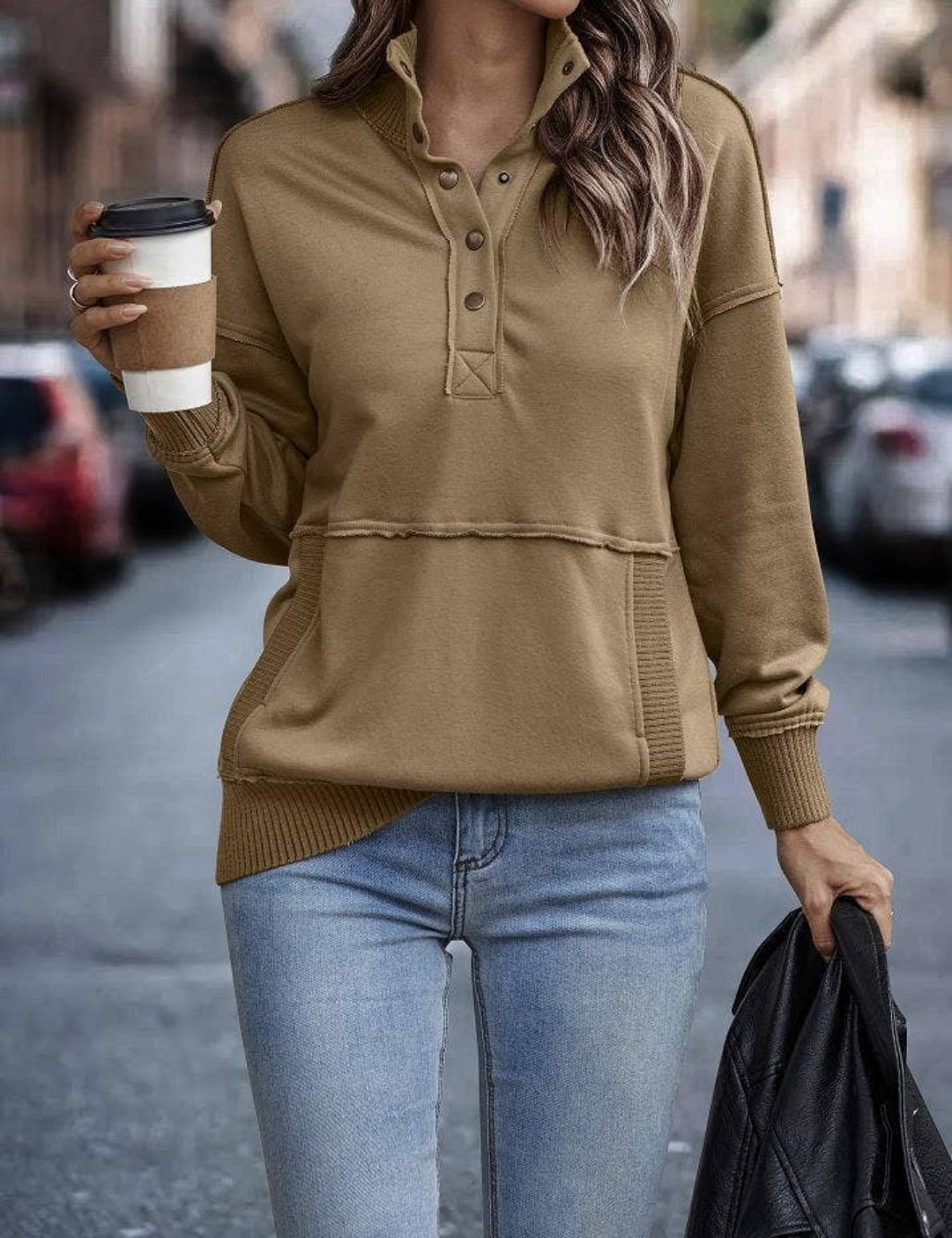 Khaki Exposed Seam Henley Sweater