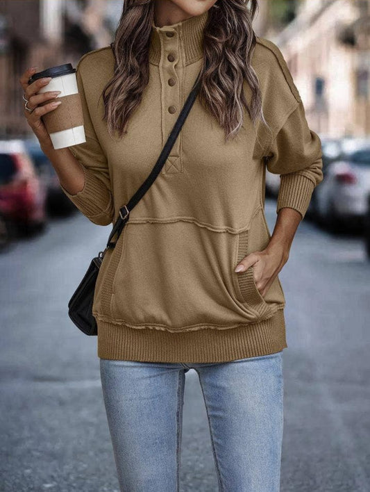 Khaki Exposed Seam Henley Sweater