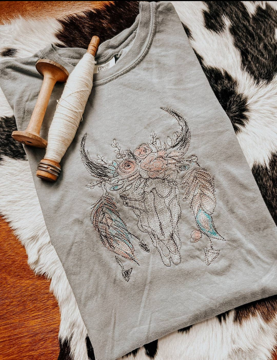 Boho Cow Skull Embroidered Tee