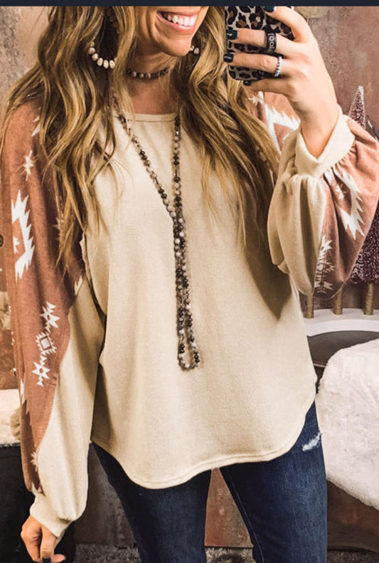 Cream and Brown Aztec Top