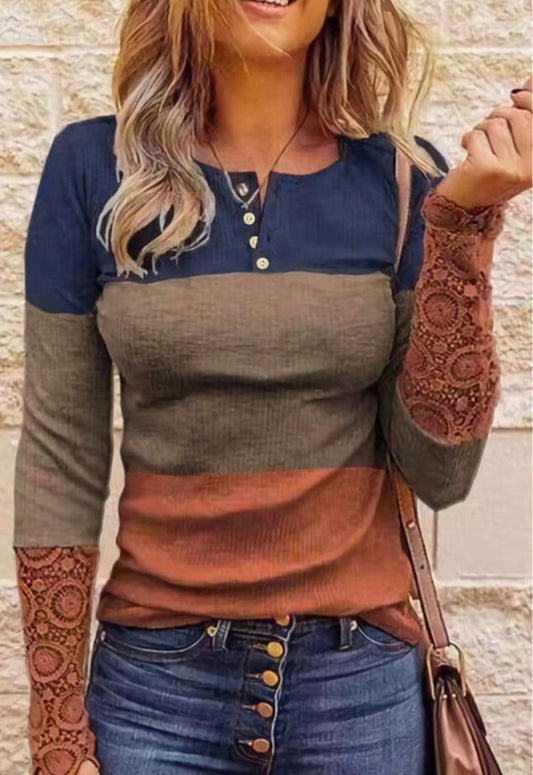 Striped Crochet Sleeve Henley