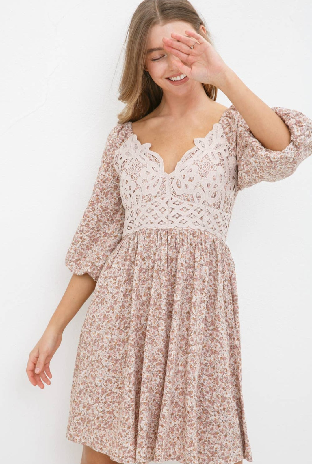 Lace Bodice Floral Mini Dress