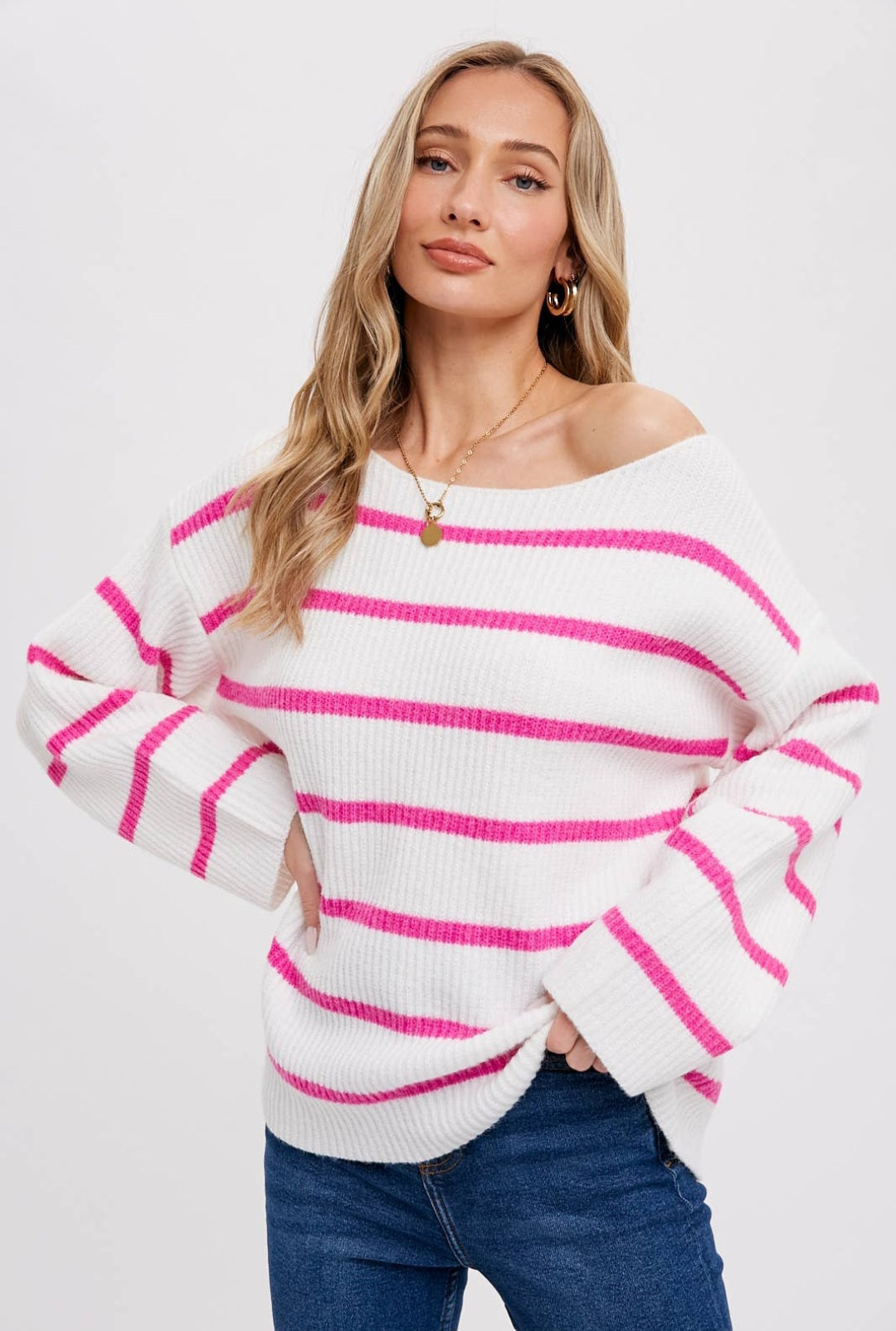 Pink and Ivory Stripe Ribbed Pullover