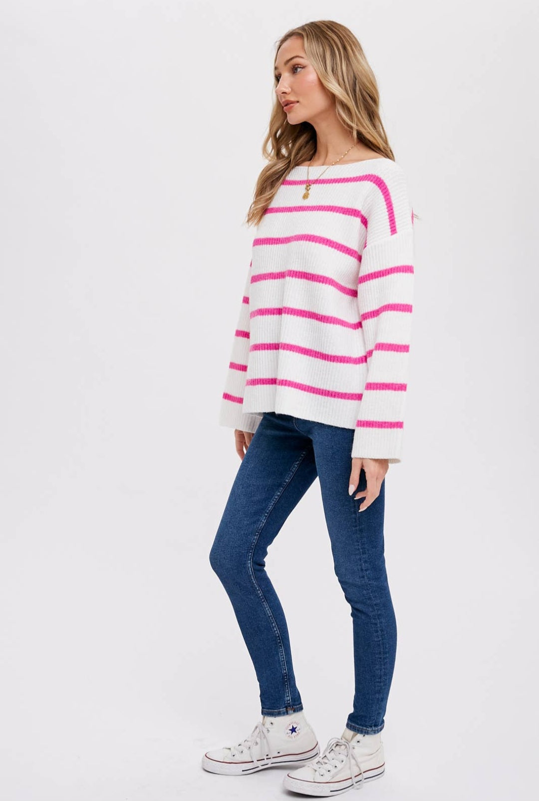 Pink and Ivory Stripe Ribbed Pullover