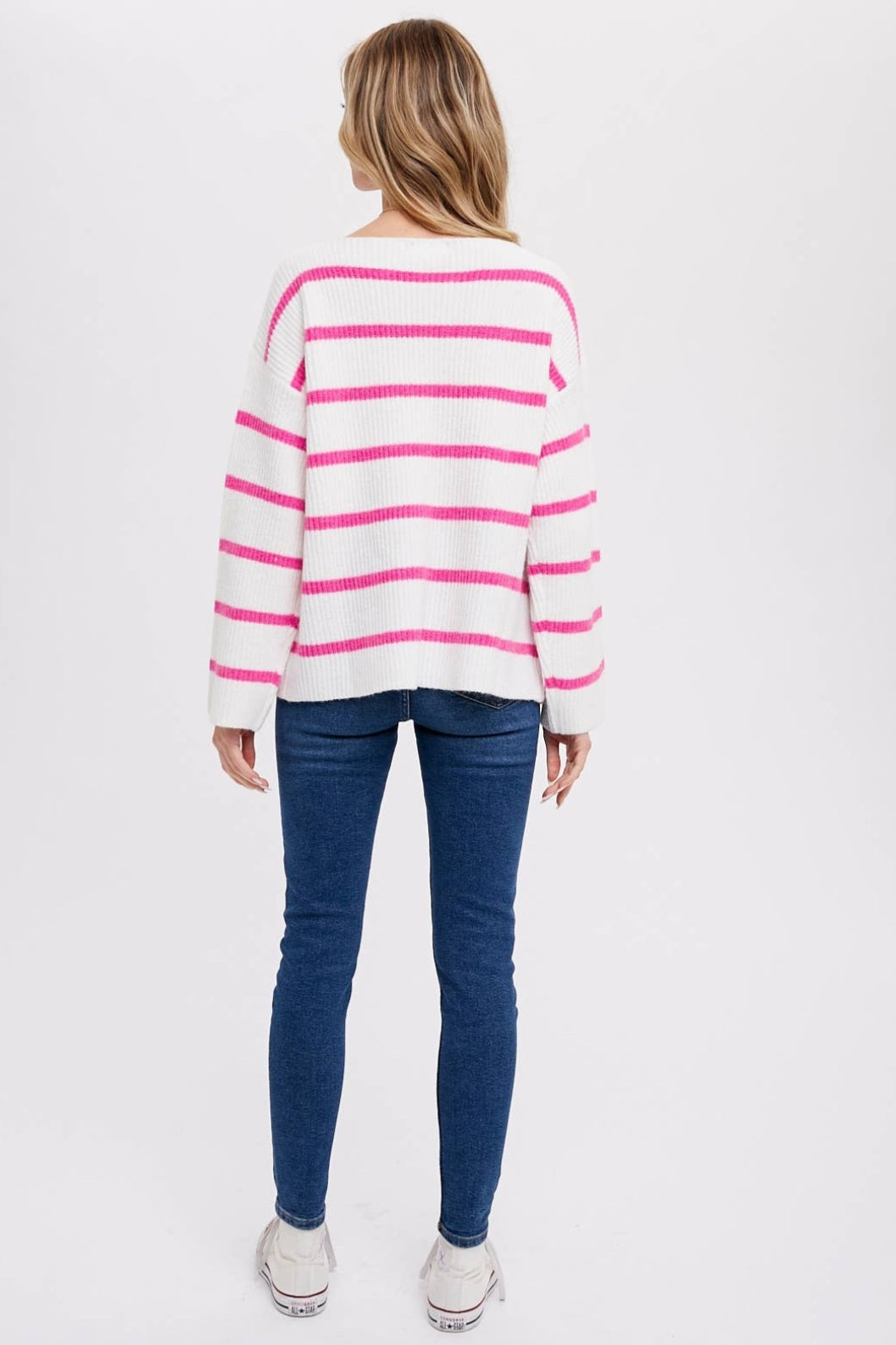 Pink and Ivory Stripe Ribbed Pullover