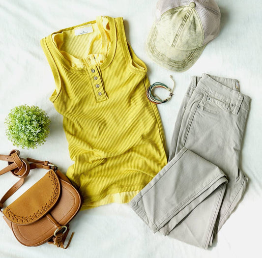 Fitted Ribbed Henley Tank Golden Wasabi