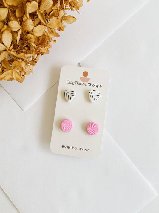 Hot Pink and Herringbone Clay Earring Set, Clay Earrings