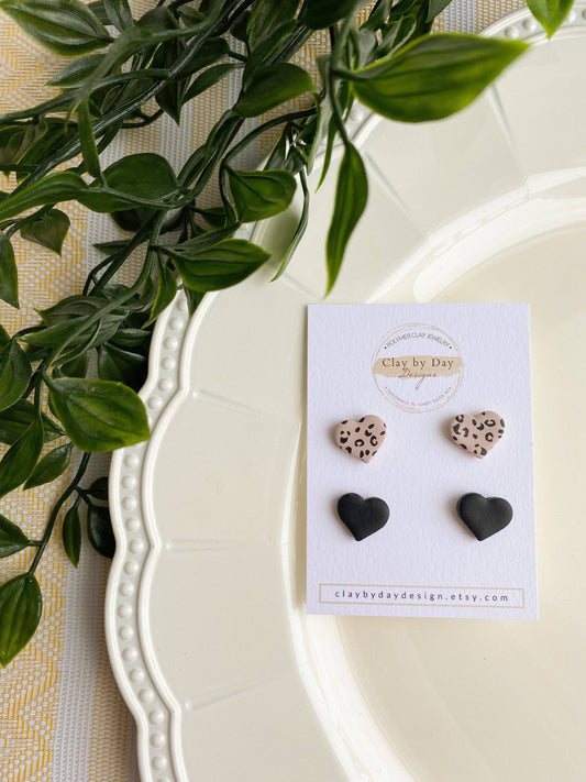 Leopard Print & Black Heart Stud Pack | Polymer Clay, Handma