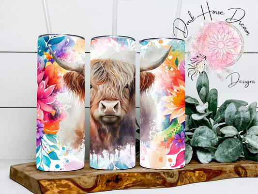 Springtime Floral Highland Cow Tumber