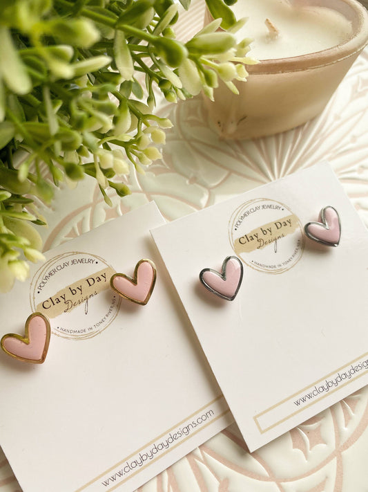 Silver Trimmed Heart Studs-Light Pink