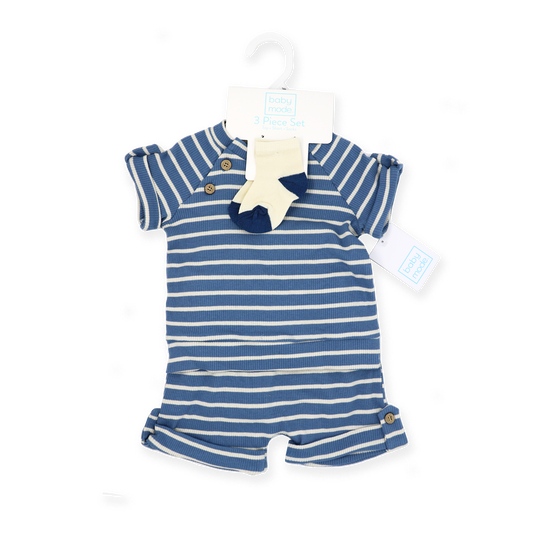 Boys 3 Piece Ribbed Short Set: Blue Stripe