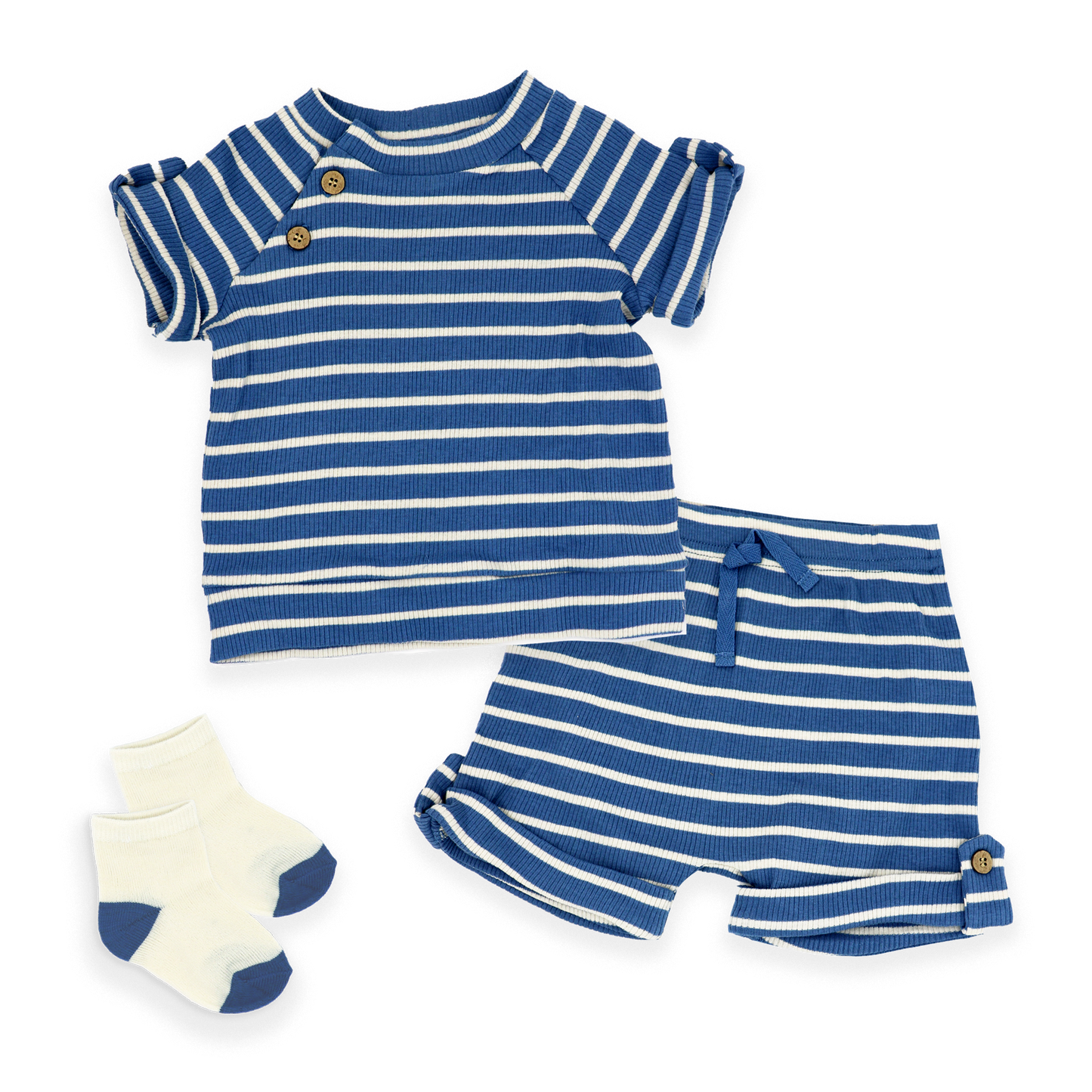 Boys 3 Piece Ribbed Short Set: Blue Stripe