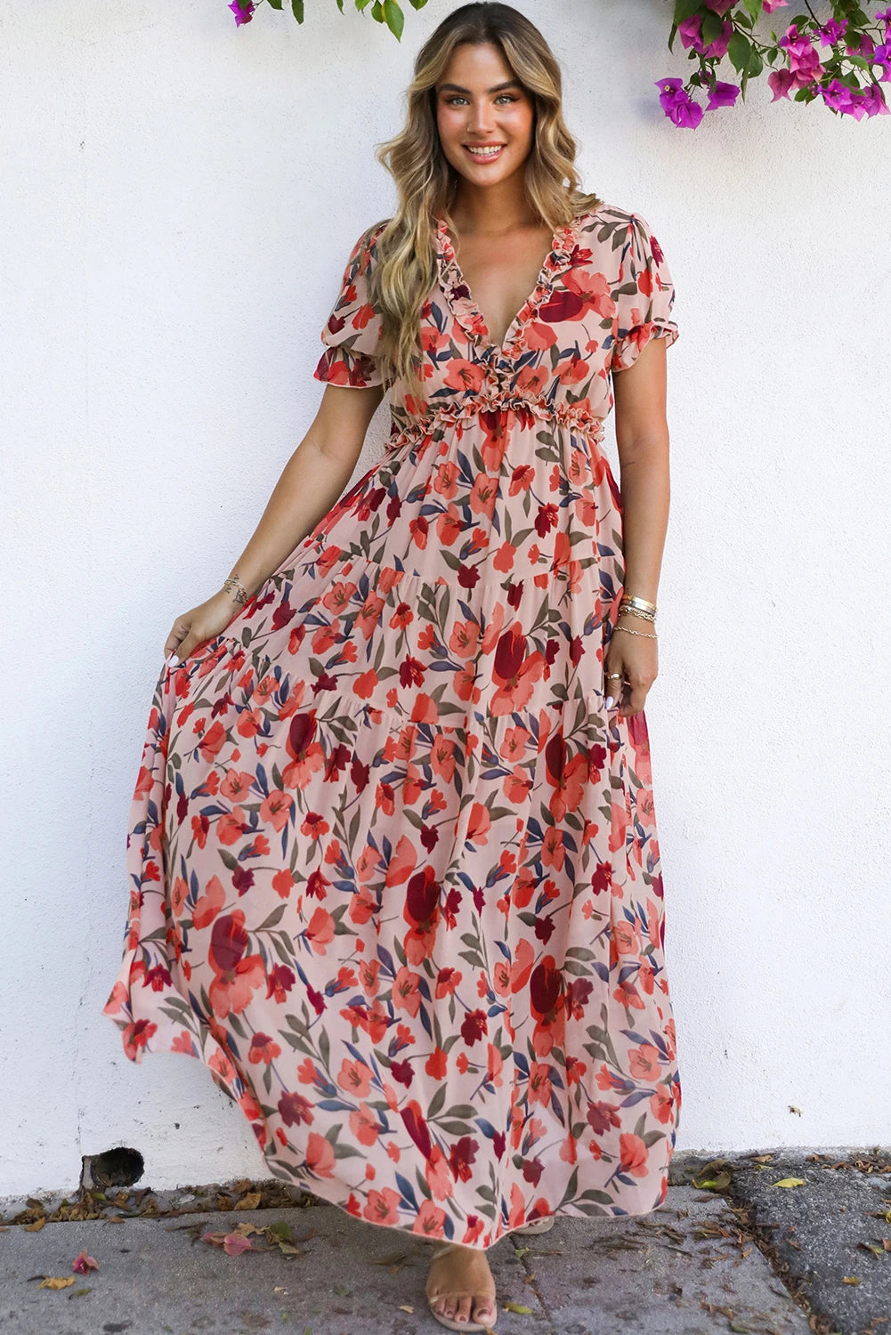 Red Floral Tiered Maxi Dress