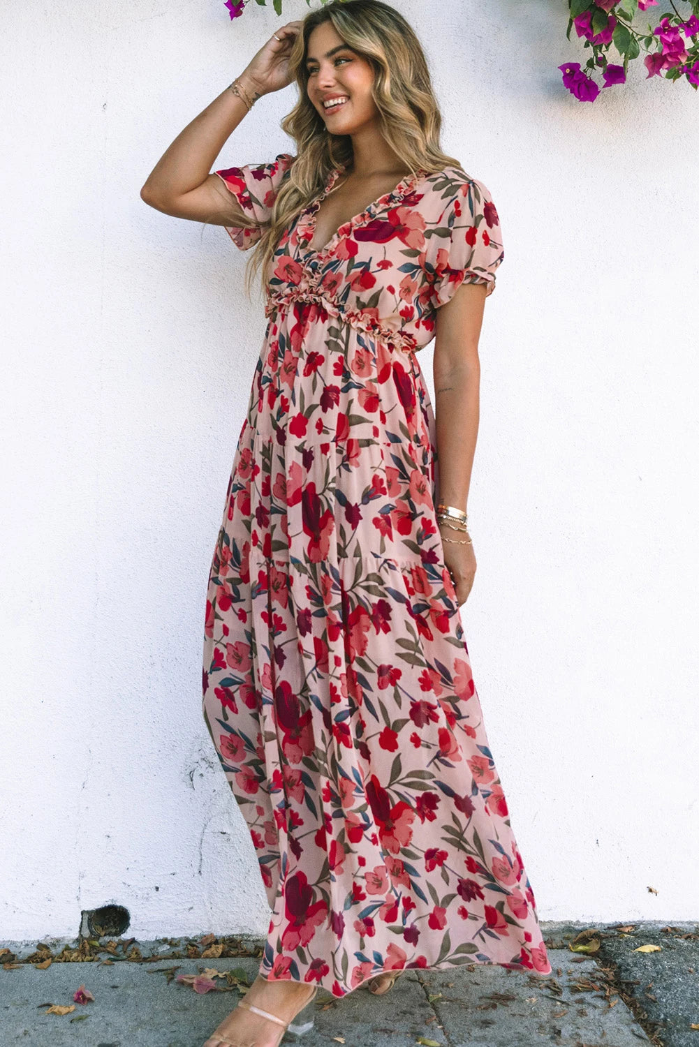 Red Floral Tiered Maxi Dress