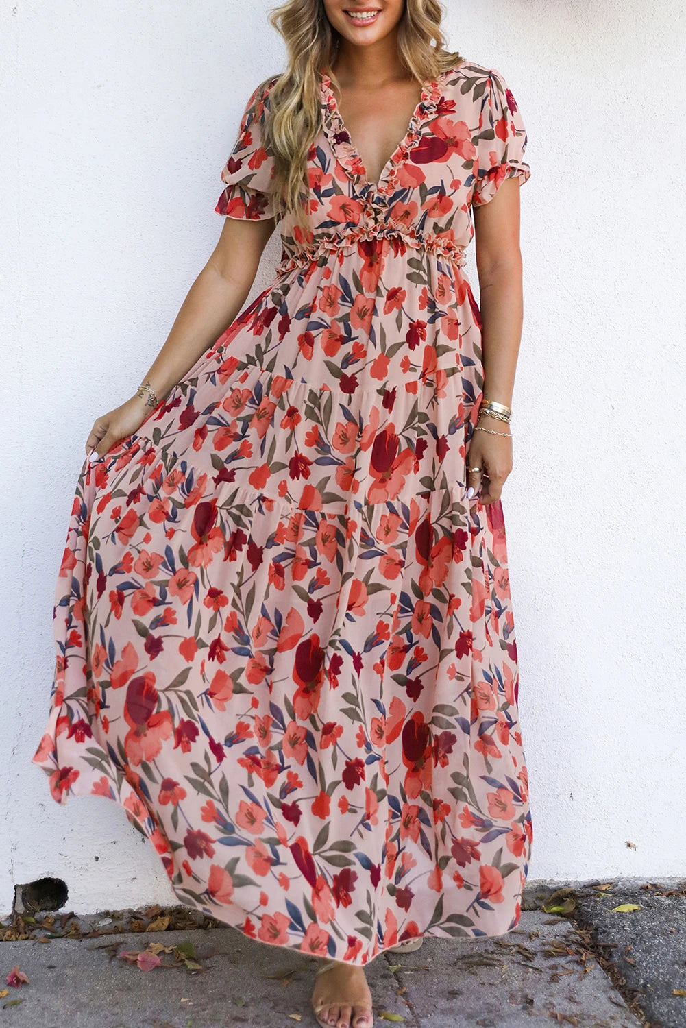 Red Floral Tiered Maxi Dress